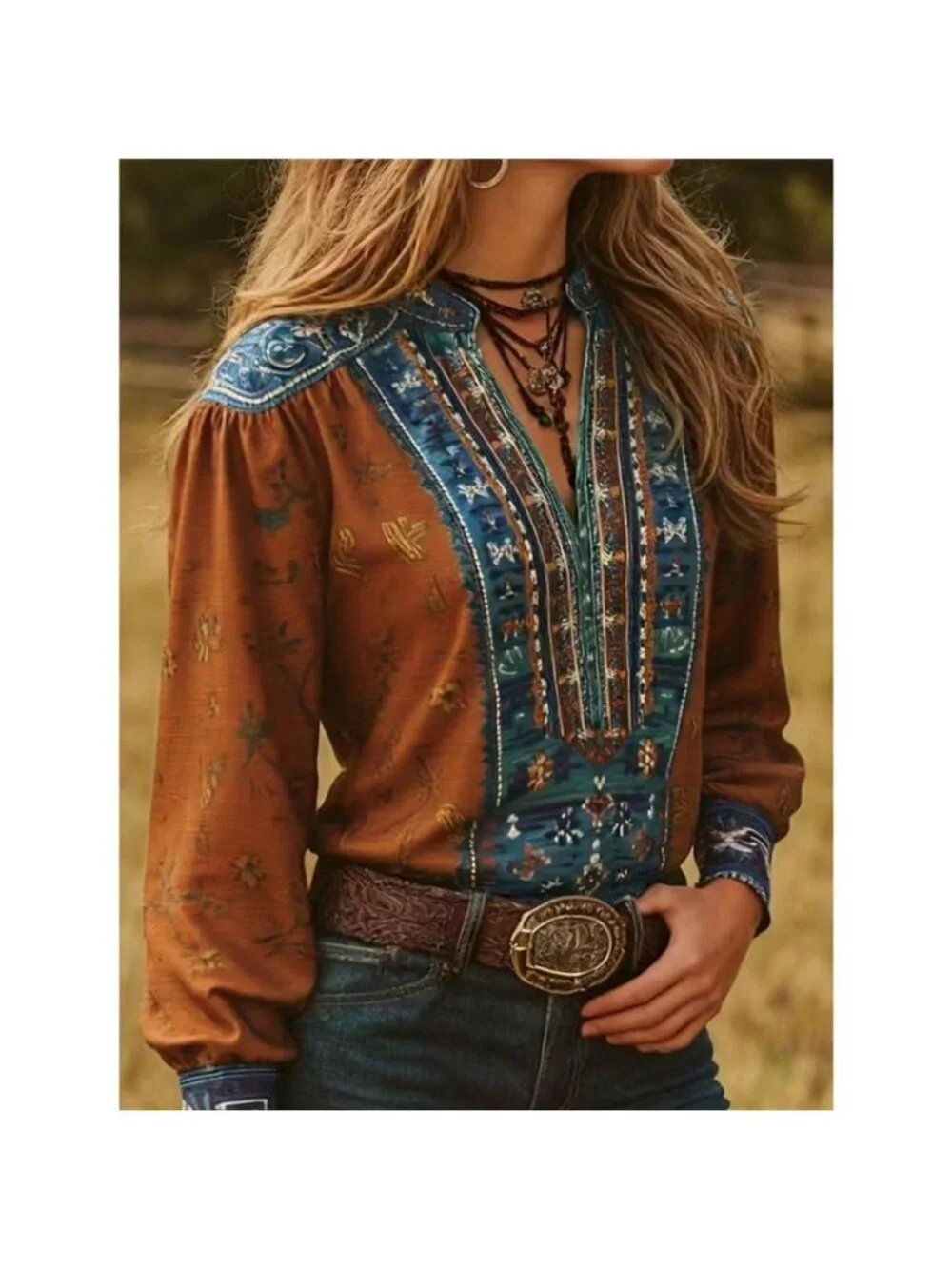 Printed Notched Long Sleeve Blouse
